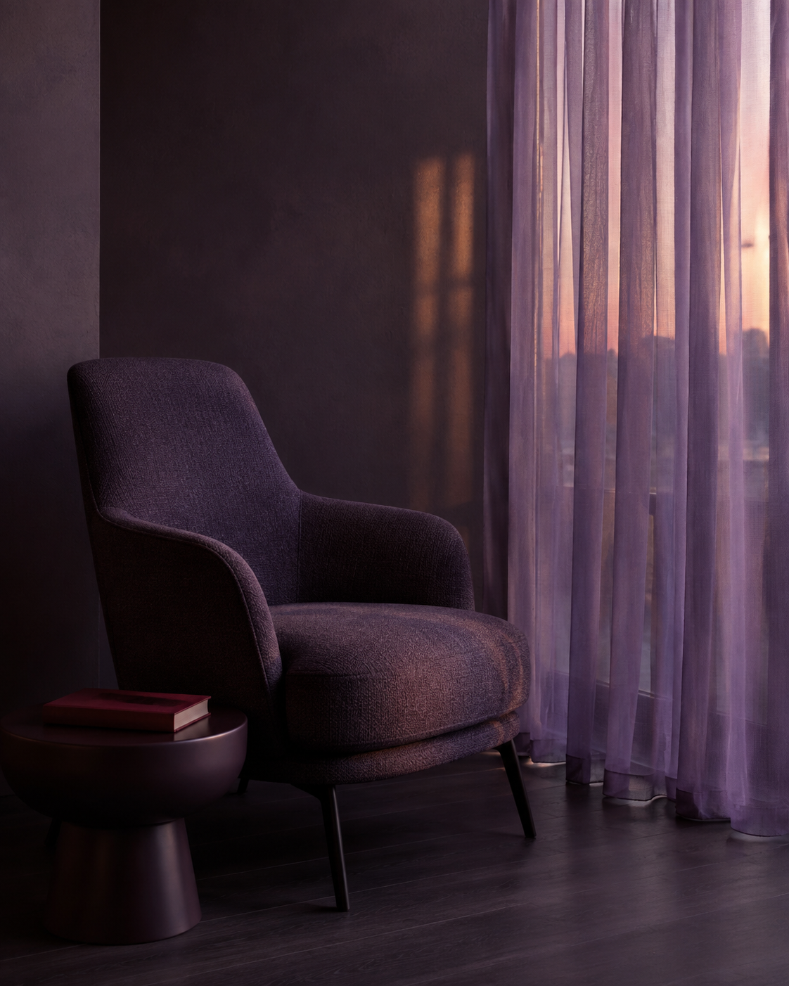 DOVIAR personal-time editorial — aubergine reading chair beside a lilac curtain at dusk
