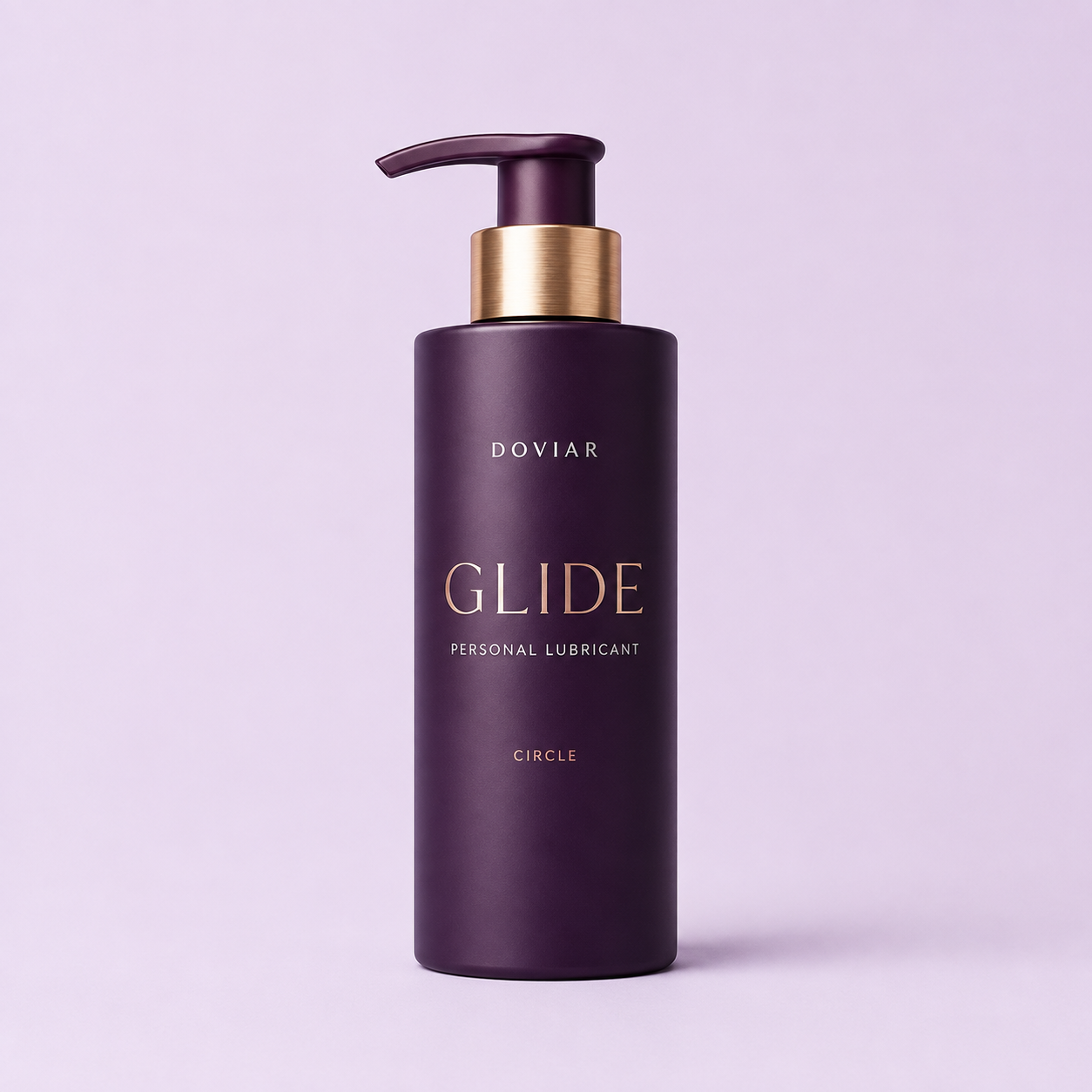 DOVIAR GLIDE personal lubricant packaging concept: aubergine pump bottle with a rose-gold collar on a lilac background.