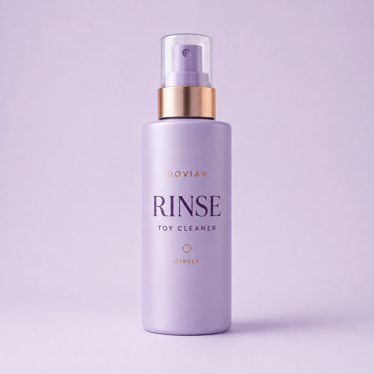 DOVIAR RINSE toy cleaner packaging concept: lilac spray bottle with a rose-gold collar on a lilac background.