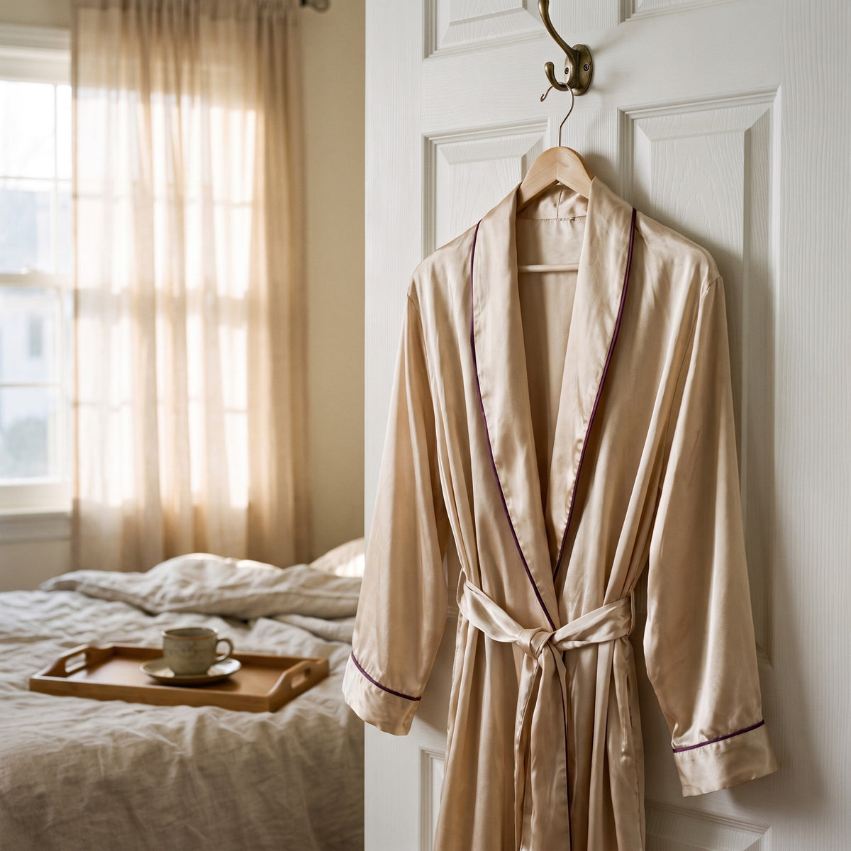 DOVIAR PEIGNOIR satin robe at home