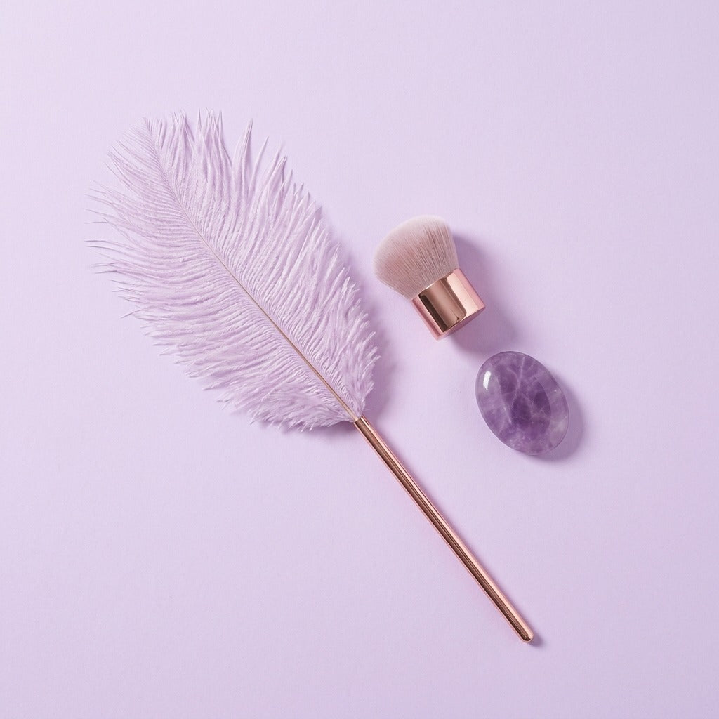 DOVIAR PLUME set: lilac feather tickler, soft brush and amethyst-coloured massage stone
