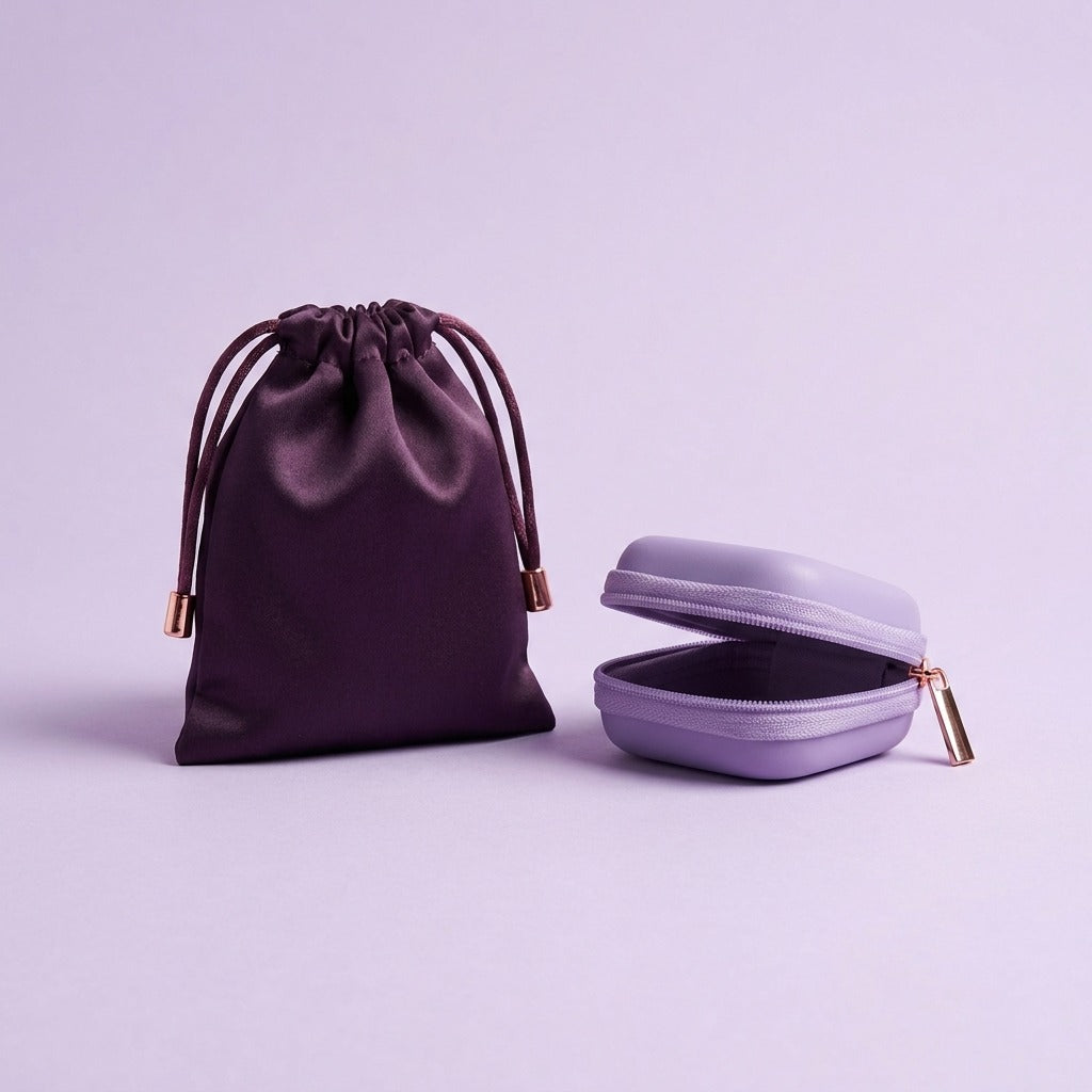DOVIAR POCHETTE deep plum satin pouch and lilac zip-around travel case