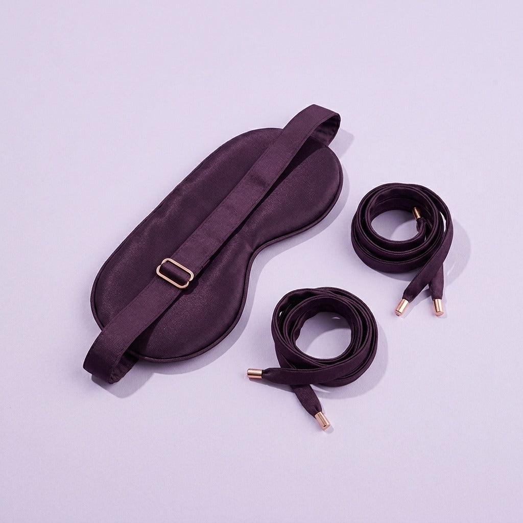 DOVIAR VOILE deep plum satin blindfold and two wrist ties with rose-gold tips