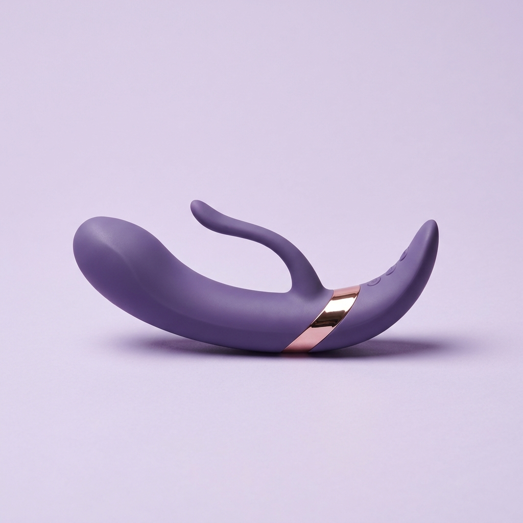 DOVIAR LUNE dual rabbit vibrator with a rose-gold collar, on a lilac background