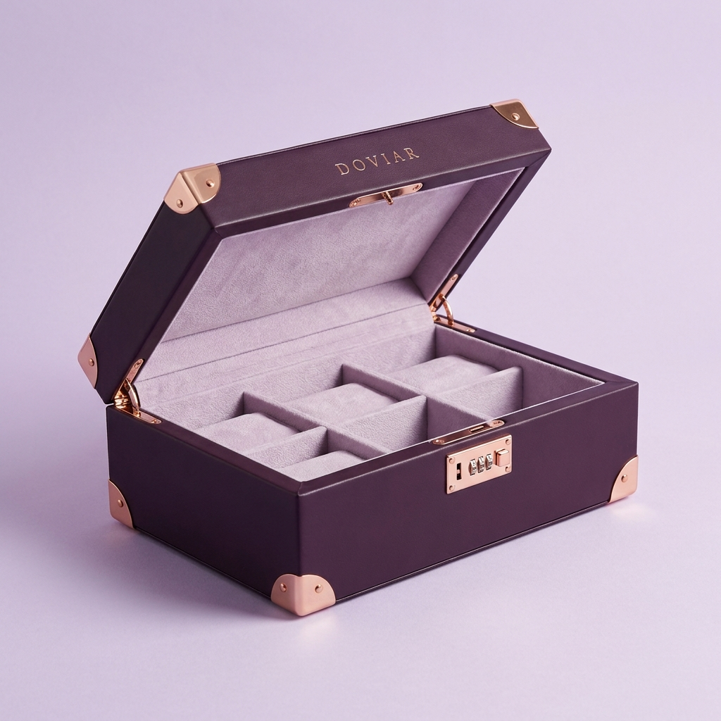 DOVIAR COFFRET deep plum storage box, open, with a soft lining and rose-gold combination lock