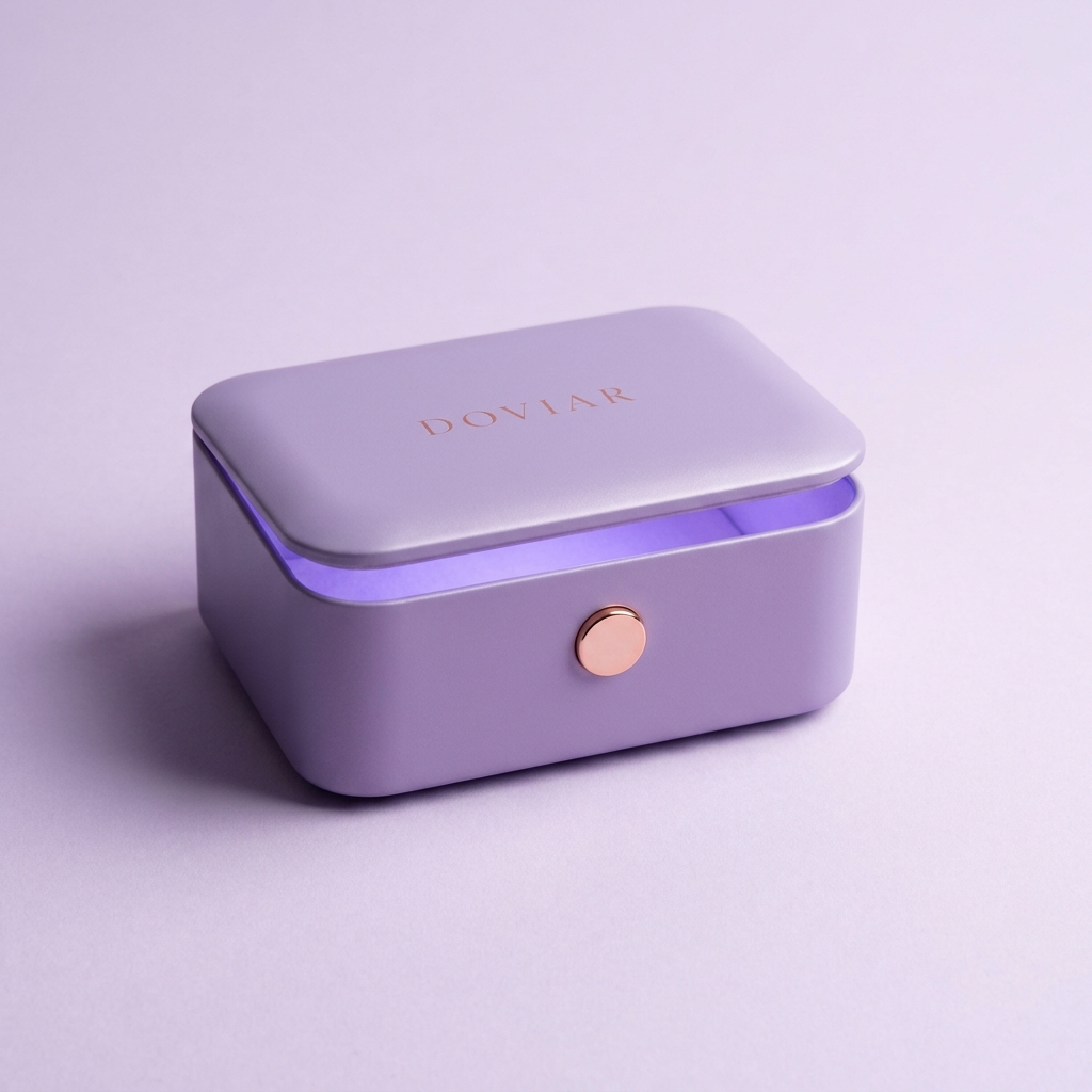 DOVIAR PURE lilac storage box with a soft violet UV-C glow and a rose-gold button