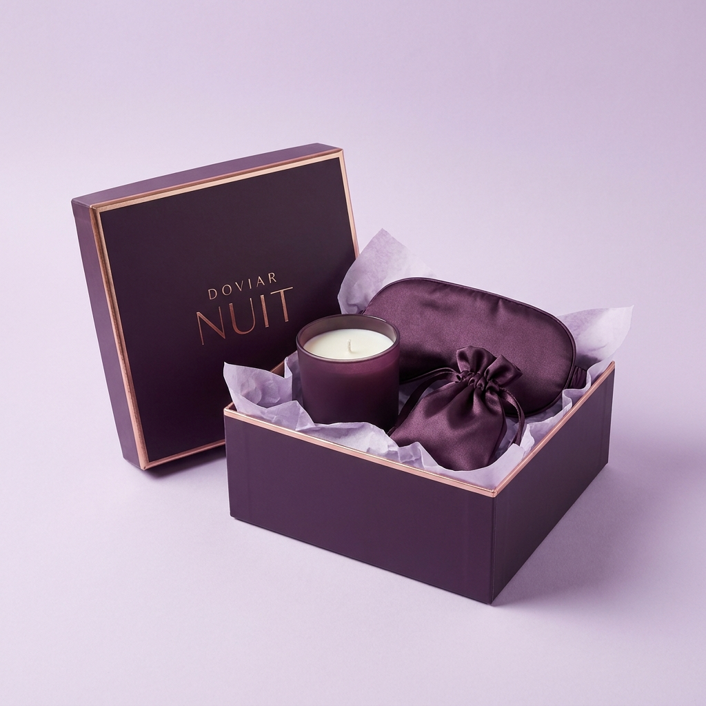 DOVIAR NUIT gift box with a massage candle, satin blindfold and satin pouch in lilac tissue