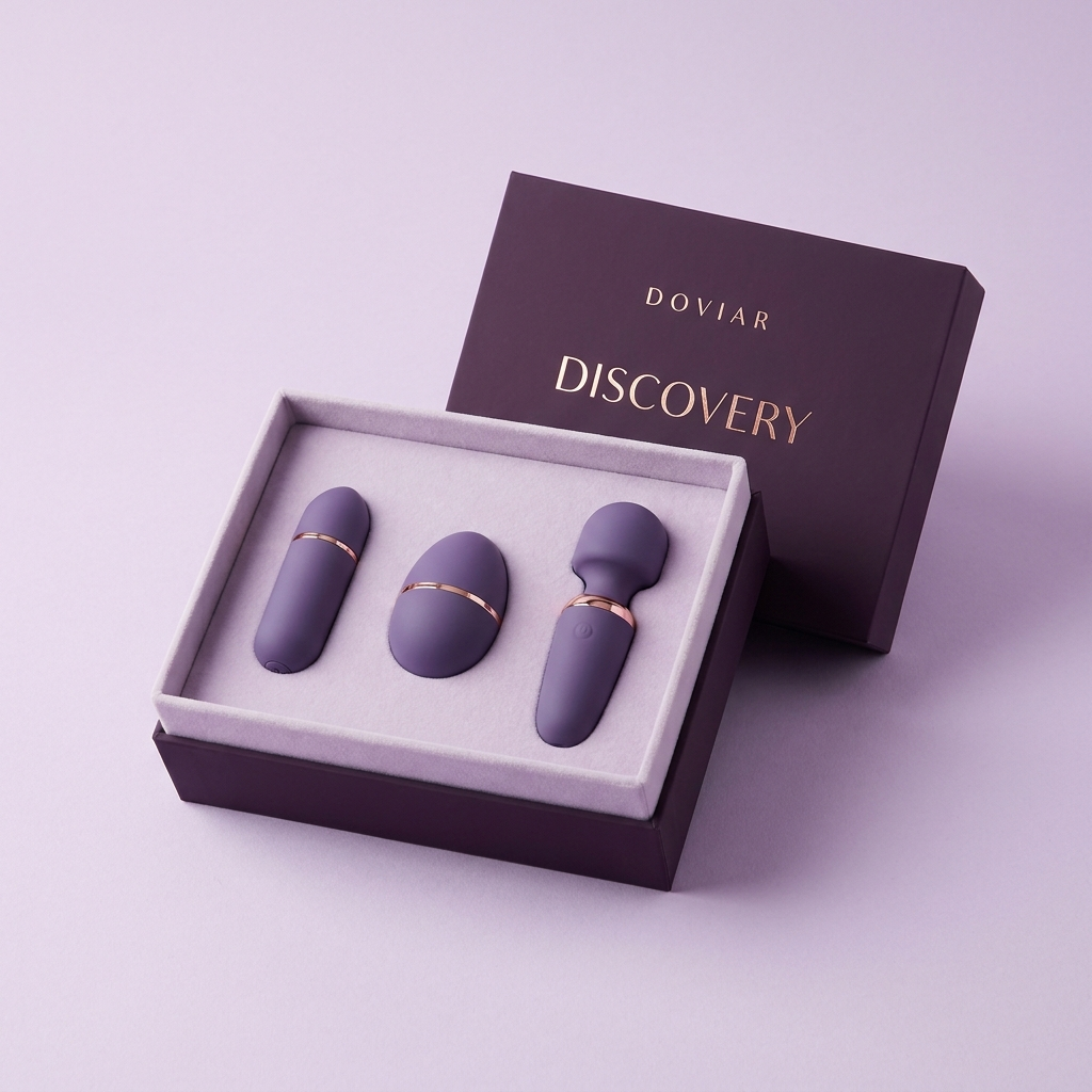 DOVIAR DISCOVERY box with three mini massagers: a bullet, an egg and a mini wand