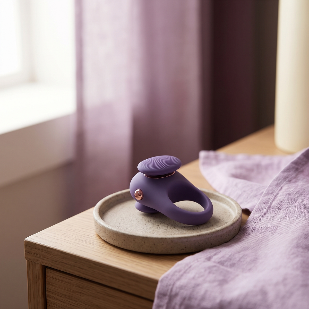 DOVIAR TOUCHE finger vibrator on a ceramic tray on a bedside table