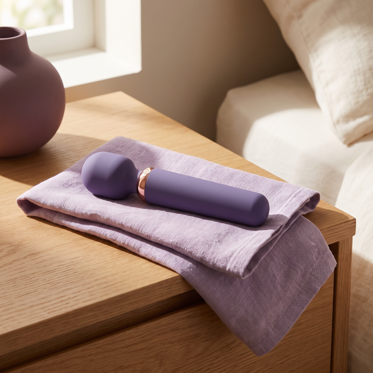 DOVIAR AURA mini wand massager on a linen towel on an oak nightstand