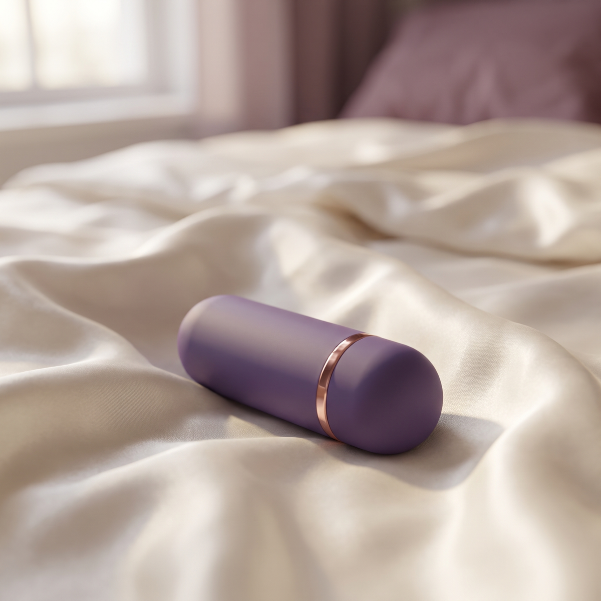 DOVIAR PETITE bullet vibrator on ivory satin bedsheets