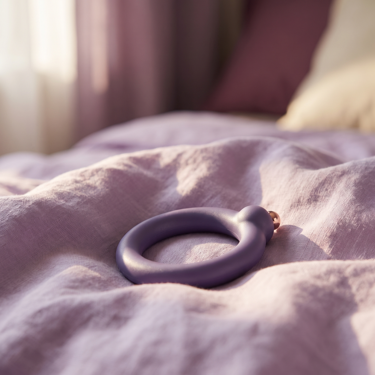 DOVIAR ORBIT vibrating couples ring on lilac linen bedsheets
