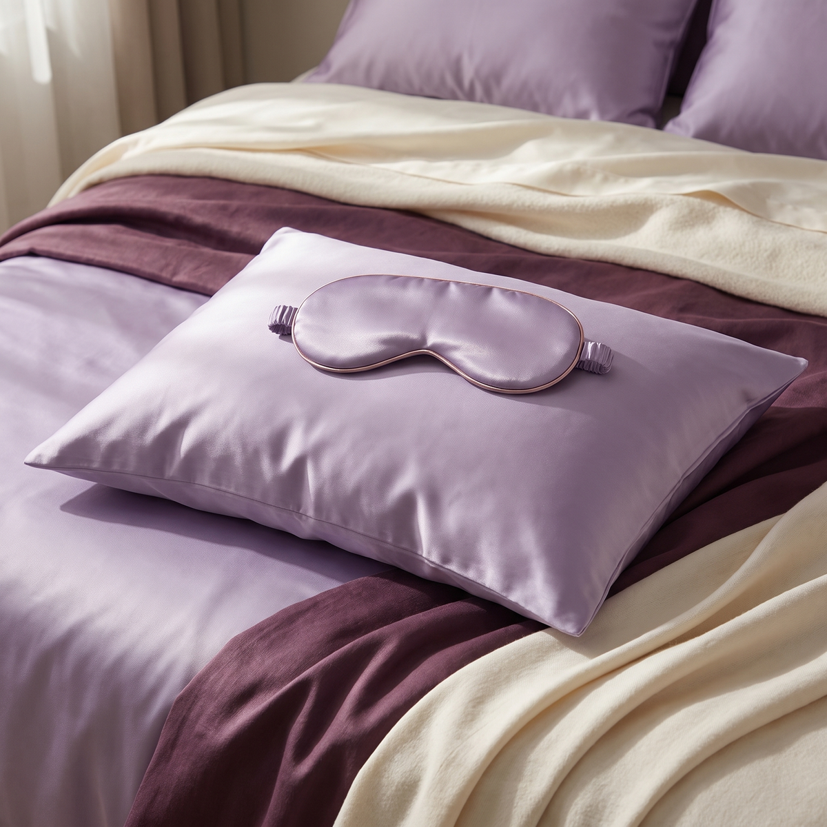 DOVIAR SOMMEIL satin pillowcase and eye mask on a made bed