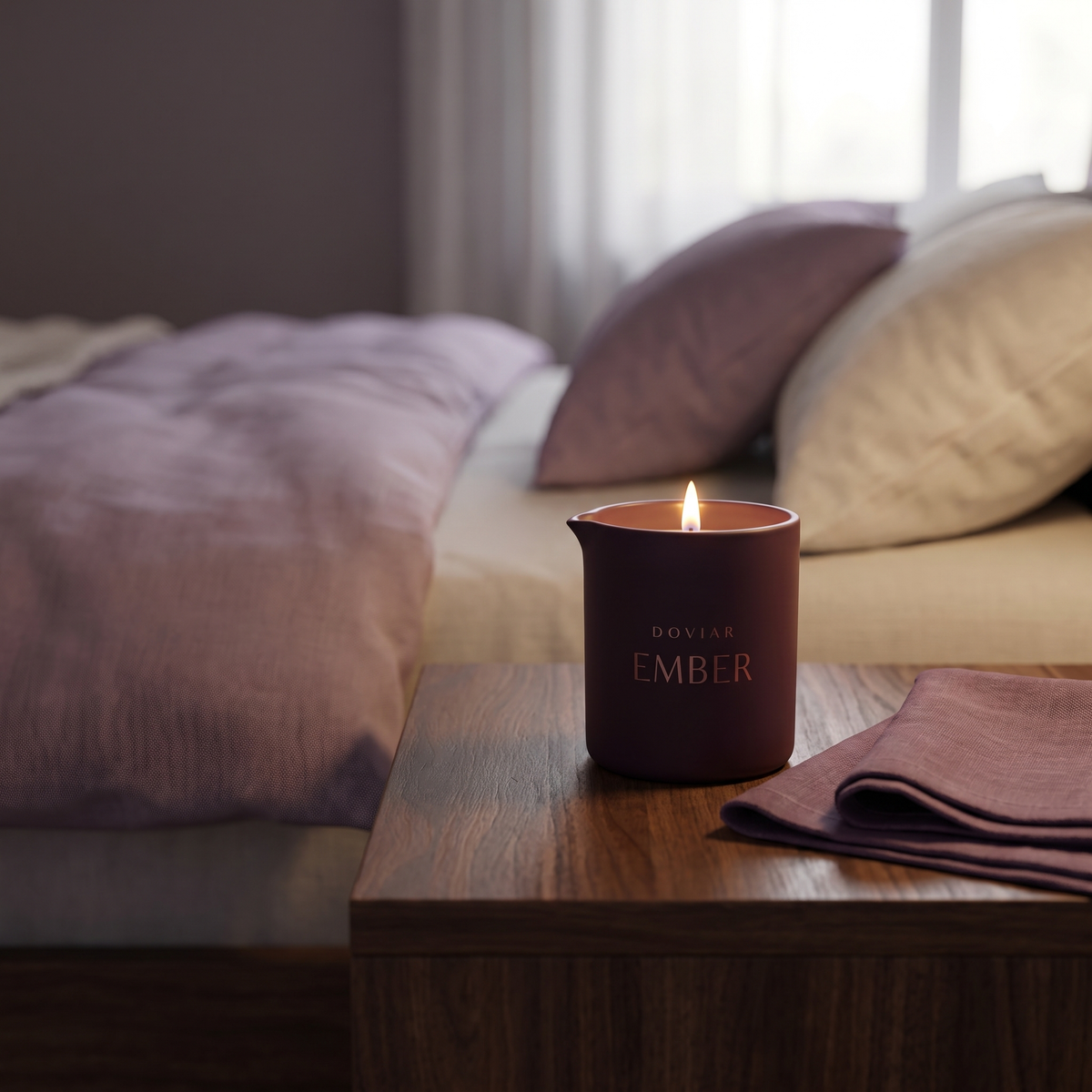 DOVIAR EMBER massage candle lit on a nightstand in the evening
