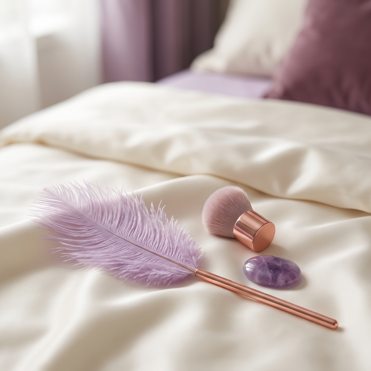 DOVIAR PLUME sensation play set on ivory satin bedsheets