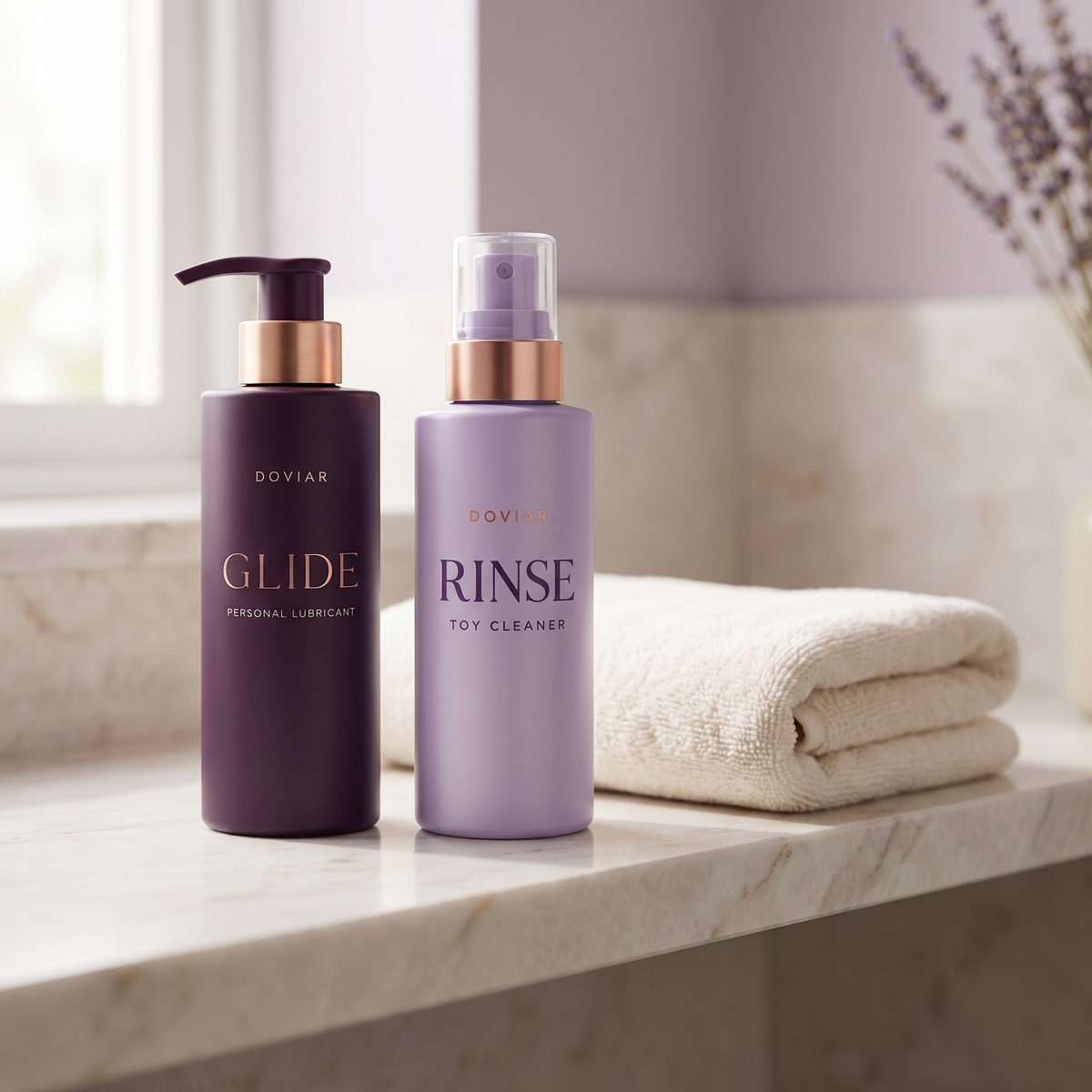 DOVIAR RITUAL SET, GLIDE and RINSE on a marble bathroom shelf