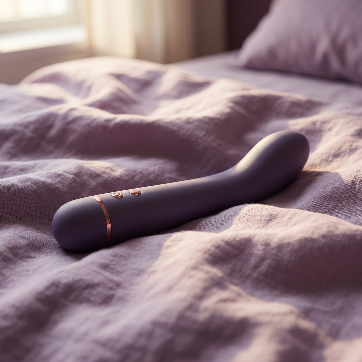 DOVIAR ARC curved G-spot vibrator on lilac linen bedsheets