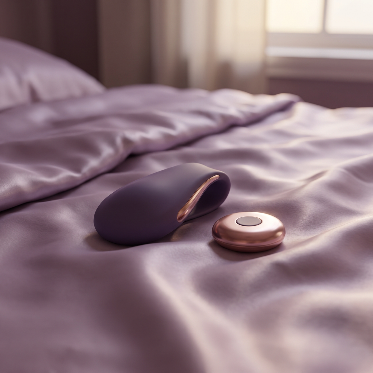 DOVIAR SECRET wearable vibrator and remote on lilac satin bedsheets