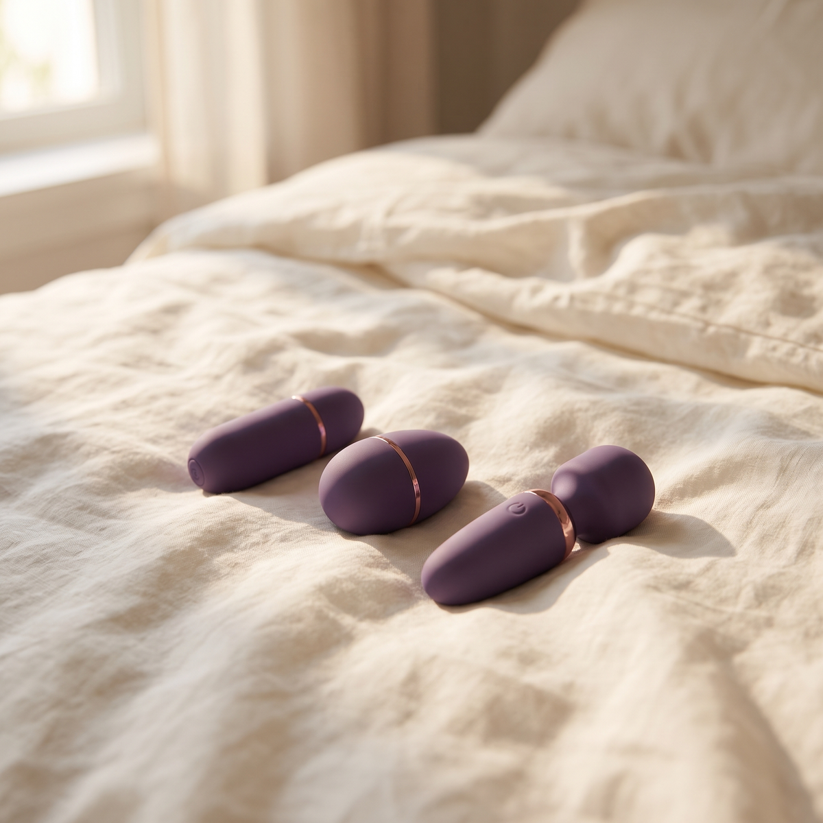 DOVIAR DISCOVERY mini massager set on ivory linen bedsheets
