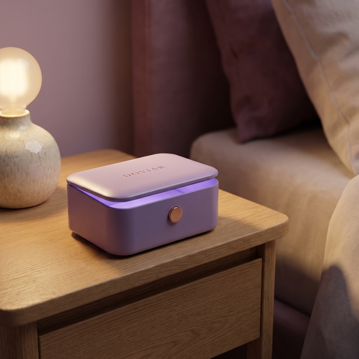 DOVIAR PURE UV-C storage box on a nightstand by a lamp