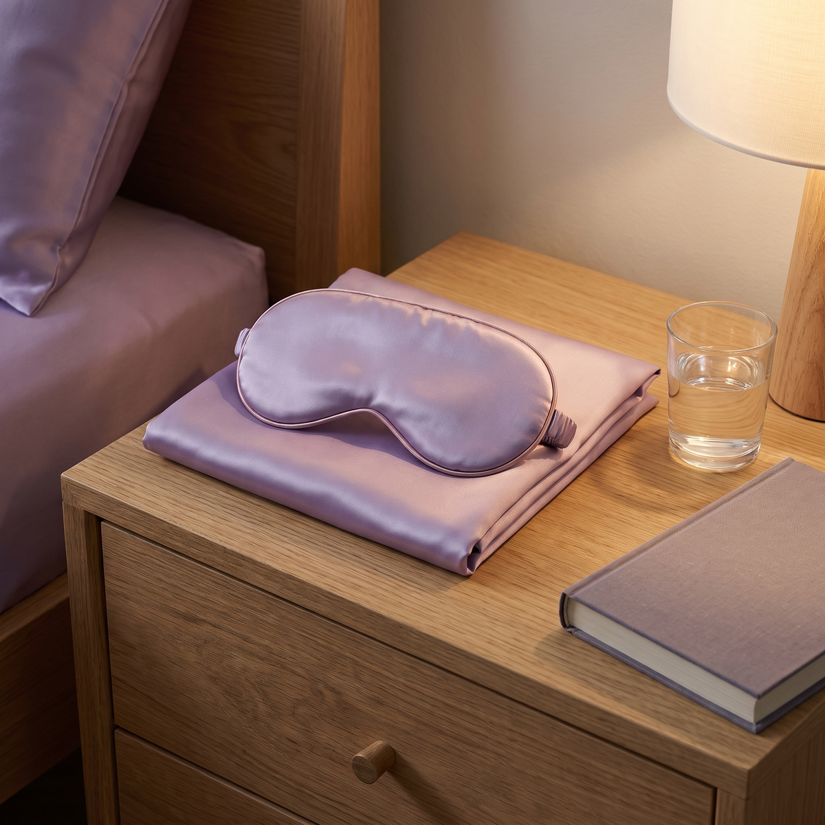 DOVIAR SOMMEIL eye mask and folded pillowcase on a bedside table